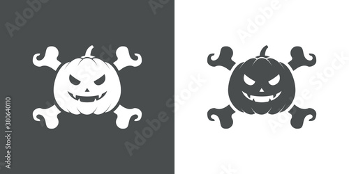 Feliz Halloween. Truco o Trato. Silueta de calabaza de Halloween con huesos cruzados en fondo gris y fondo blanco