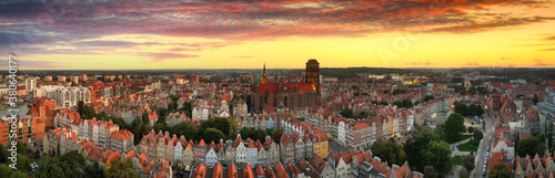 Aerial view of the old town in Gdansk with amazing architecture at sunset, Poland