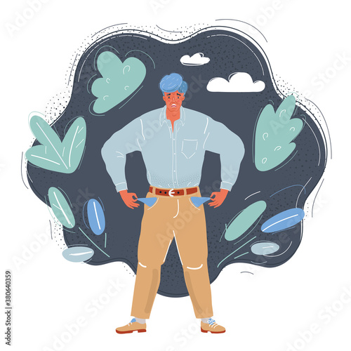 Vector illustration of full-length Empty Pockets Man on dark backround.