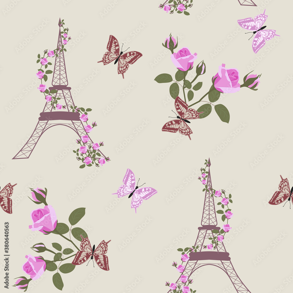 Seamless vector illustration with Eiffel tower, roses and butterflies.