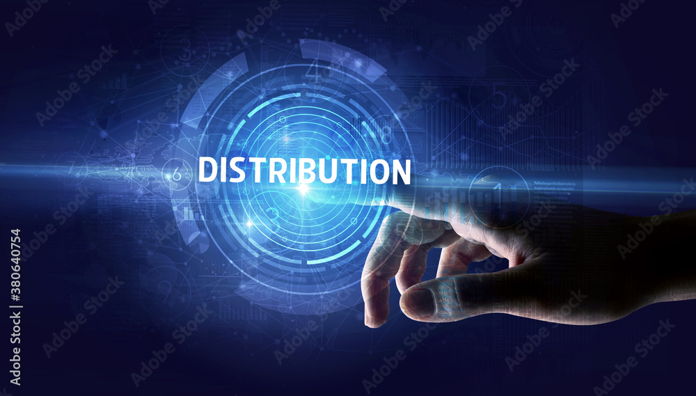 Hand touching DISTRIBUTION button, modern business technology concept Hand touching DISTRIBUTION button, modern business technology concept