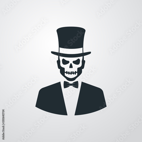 Feliz Halloween. Día de los muertos. Baron Samedi. Vudú. Icono con esqueleto vestido con tux y chistera en fondo gris