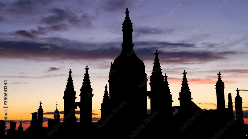 Cambridge: King's College University at Twilight, Time Lapse with Colourful Clouds, UK Cambridge: King's College University at Twilight, Time Lapse with Colourful Clouds, UK