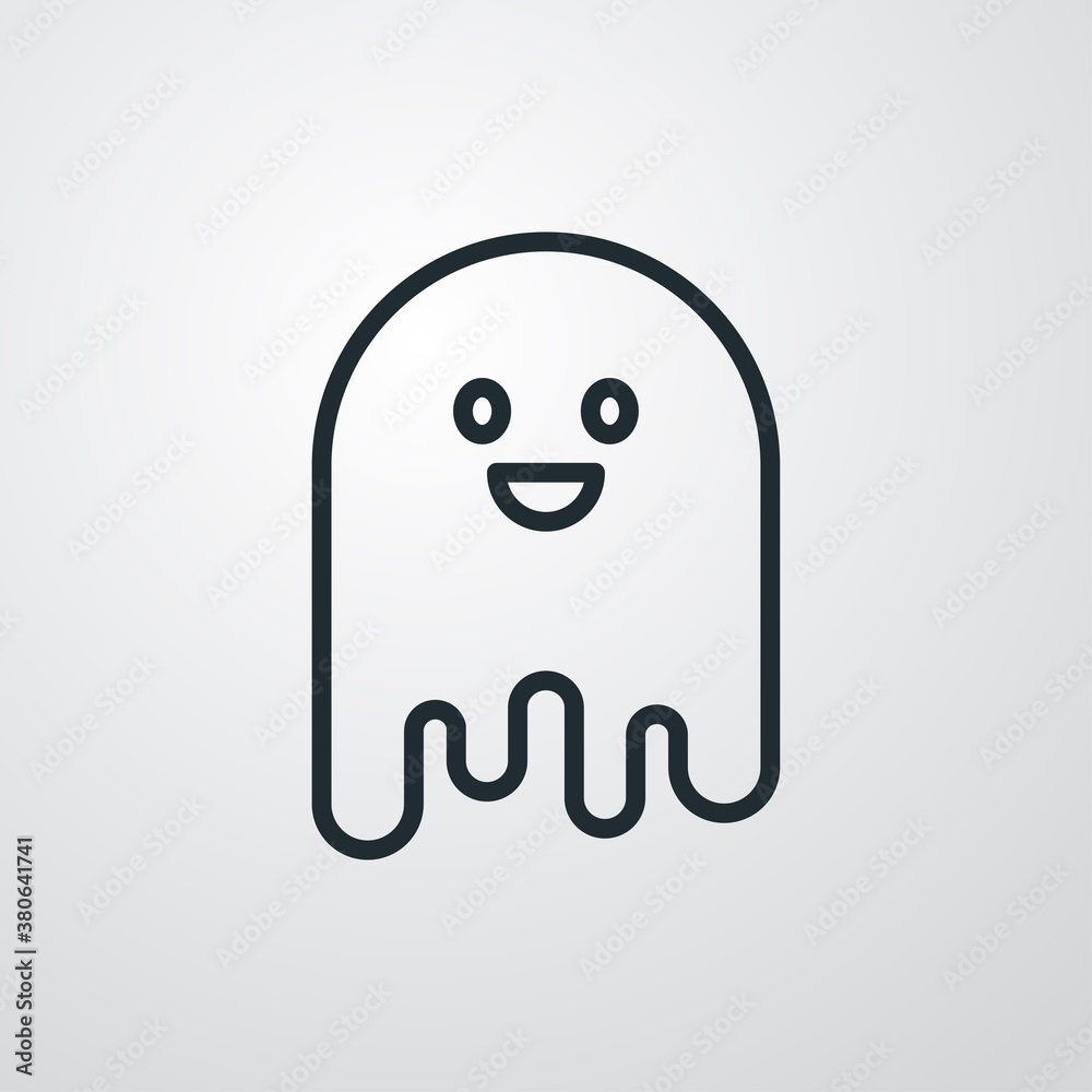 Feliz Halloween. Logotipo lineal fantasma sonriente en fondo gris Feliz Halloween. Logotipo lineal fantasma sonriente en fondo gris