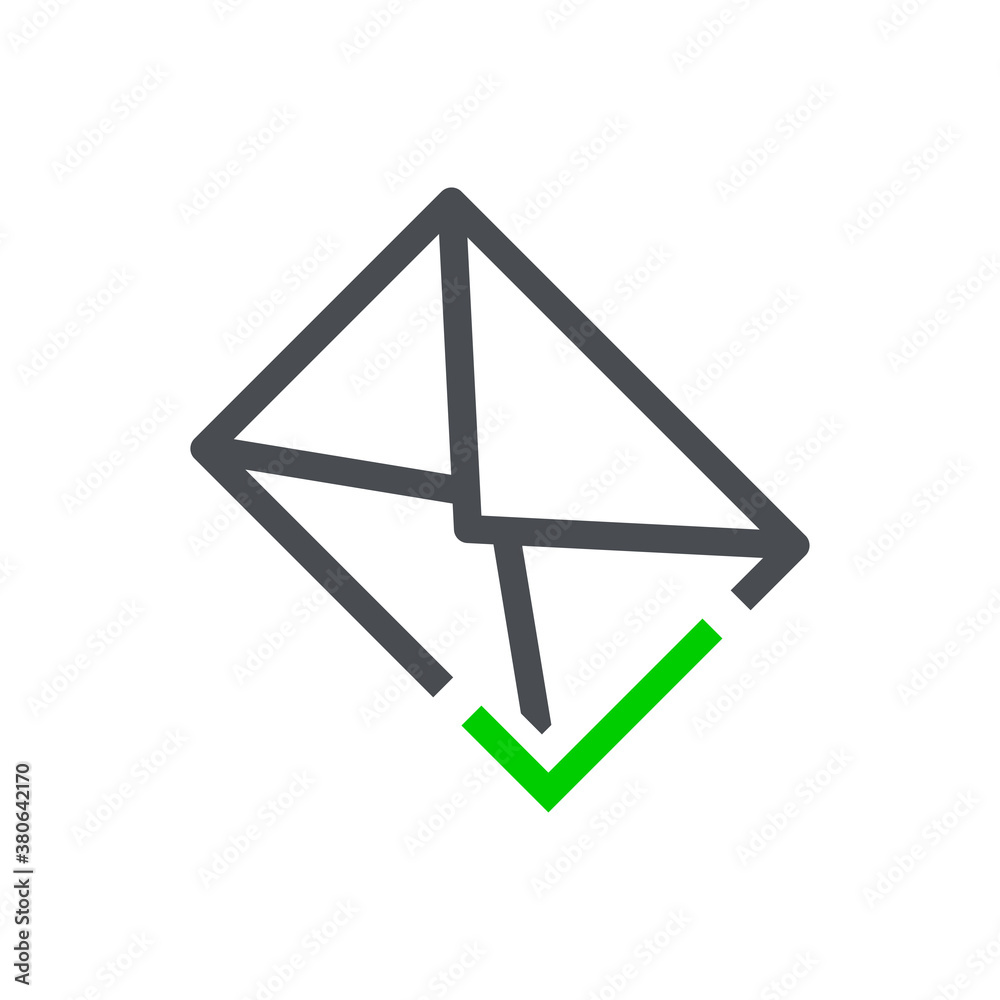 Bandeja de entrada. Logotipo lineal abstracto sobre con tilde de casilla de verificación en verde y gris Bandeja de entrada. Logotipo lineal abstracto sobre con tilde de casilla de verificación en verde y gris
