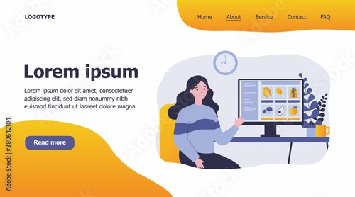 Customer choosing food in online grocery store. Woman at computer, internet shop flat vector illustration. Service, food order during lockdown concept for banner, website design or landing web page