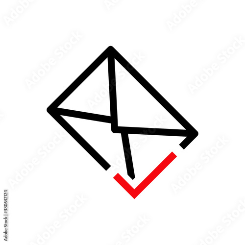 Bandeja de entrada. Logotipo lineal abstracto sobre con tilde de casilla de verificación en negro y rojo