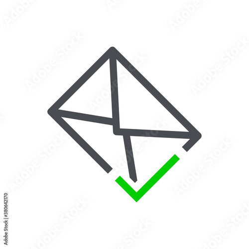 Bandeja de entrada. Logotipo lineal abstracto sobre con tilde de casilla de verificación en verde y gris