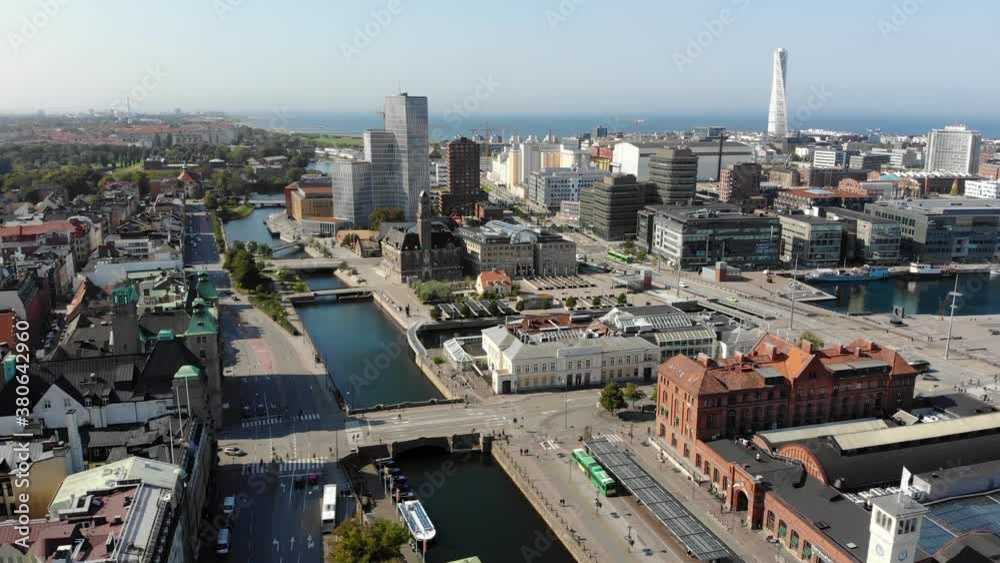 Drone flying over Malmö towards västra hamnen, many known buildings seen Drone flying over Malmö towards västra hamnen, many known buildings seen
