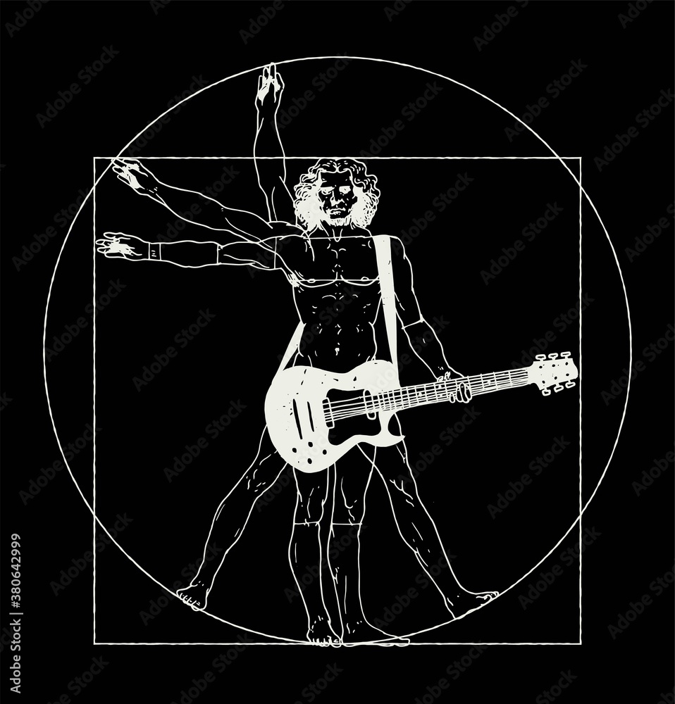 Da Vinci man playing rock guitar. Vitruvian man rock music t-shirt print  vector illustration. Stock Illustration | Adobe Stock