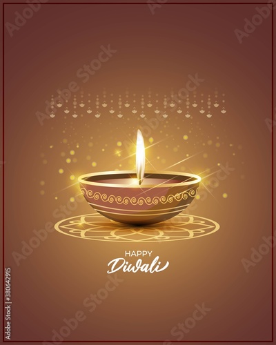Vector greeting of Happy Diwali, Dipawali, Indian festival, festival of lights, diya lamp, oil lamp, diya danglers, patterns, colorful bokeh background, vector illustration banner, holiday wishes post