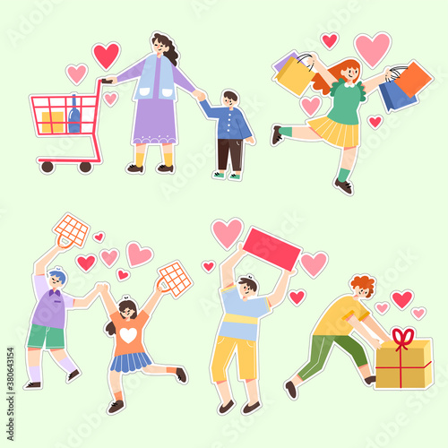 Family Shopping On Black Friday Sale Doodle Illustration Set