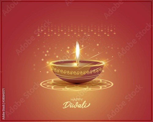 Vector greeting of Happy Diwali, Dipawali, Indian festival, festival of lights, diya lamp, oil lamp, diya danglers, patterns, colorful bokeh background, vector illustration banner, holiday wishes post