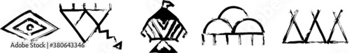 Most popular Native American Symbols. Symbols of Wisdom, Thunderstorm, Eagle, Rain Clouds, and Camp. Set of the ancient symbols. Black ink handwriting. Vector