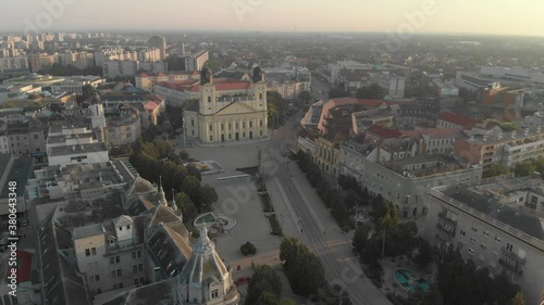 Aerial / drone footage of the Reformed Great Church of Debrecen, downtown, second largest city and a major cultural center of Hungary, also the seat of Hajdú-Bihar county photo