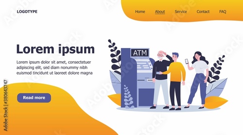 People helping senior man at ATM. Puzzled grandpa, credit card, mobile app using flat vector illustration. Old people support, banking concept for banner, website design or landing web page
