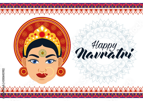 happy navratri celebration card with beautiful goddess and lettering