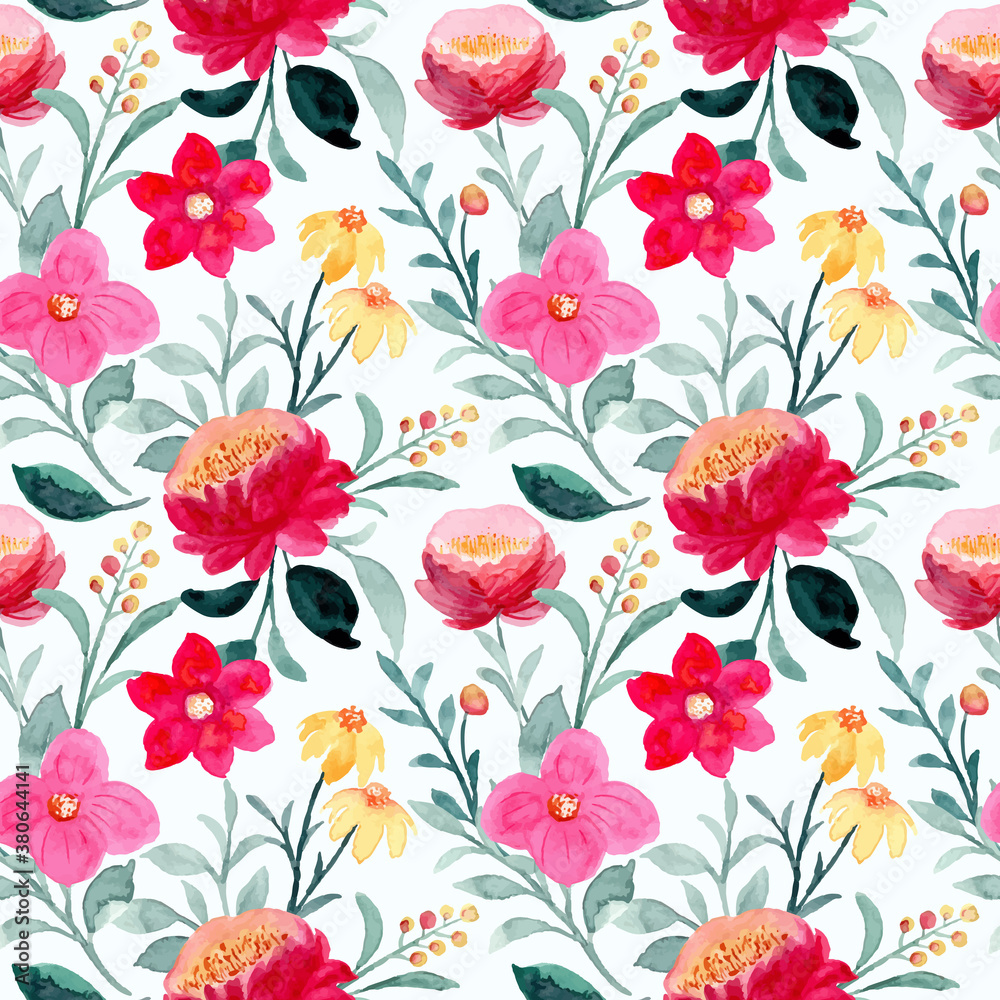 Red pink flower watercolor seamless pattern