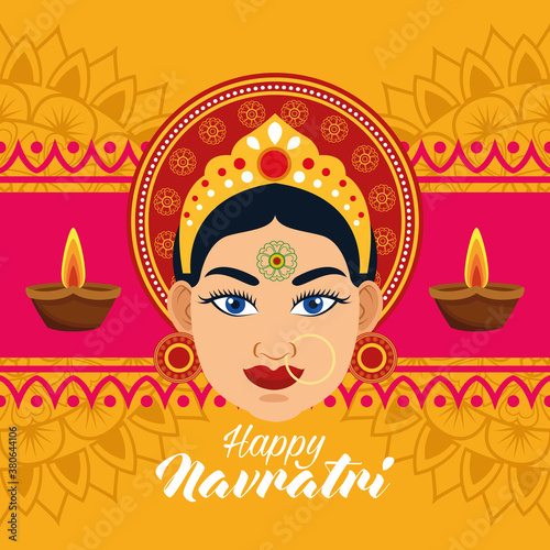 happy navratri celebration card with beautiful goddess and candles frame