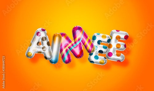 Aimee female name, colorful letter balloons background