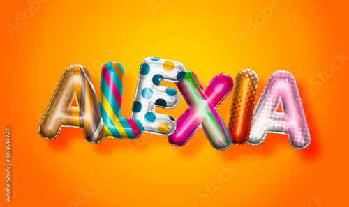 Alexia female name, colorful letter balloons background