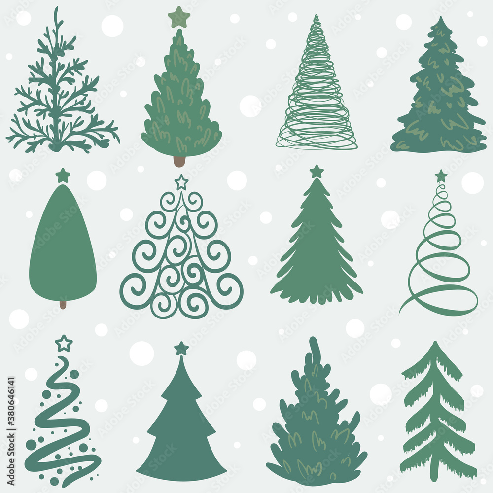 Set of fir trees on light background with falling snow vector flat cartoon illustration. Winter card, poster. New year style, holidays vibes.Set of Christmas trees, spruces.