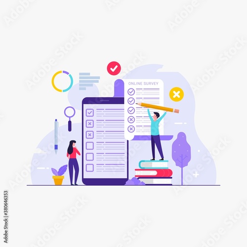 online test and exam with people filling answer through smartphone and laptop, online education, internet quiz. Exam form long paper sheet with answered quiz checklist and success result