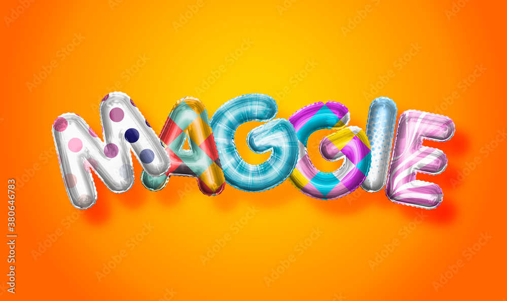 Maggie female name, colorful letter balloons background Maggie female name, colorful letter balloons background