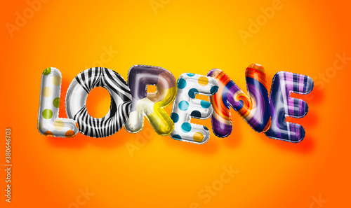 Lorene female name, colorful letter balloons background photo