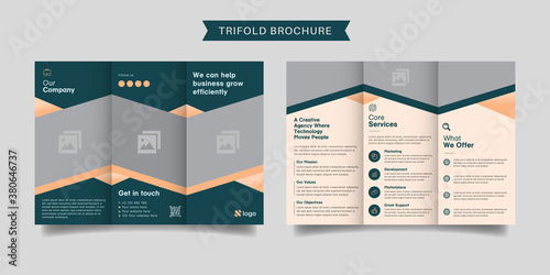 Corporate business trifold brochure template. Modern, Creative and Professional tri fold brochure vector design. Simple and minimalist promotion layout with dark green color.