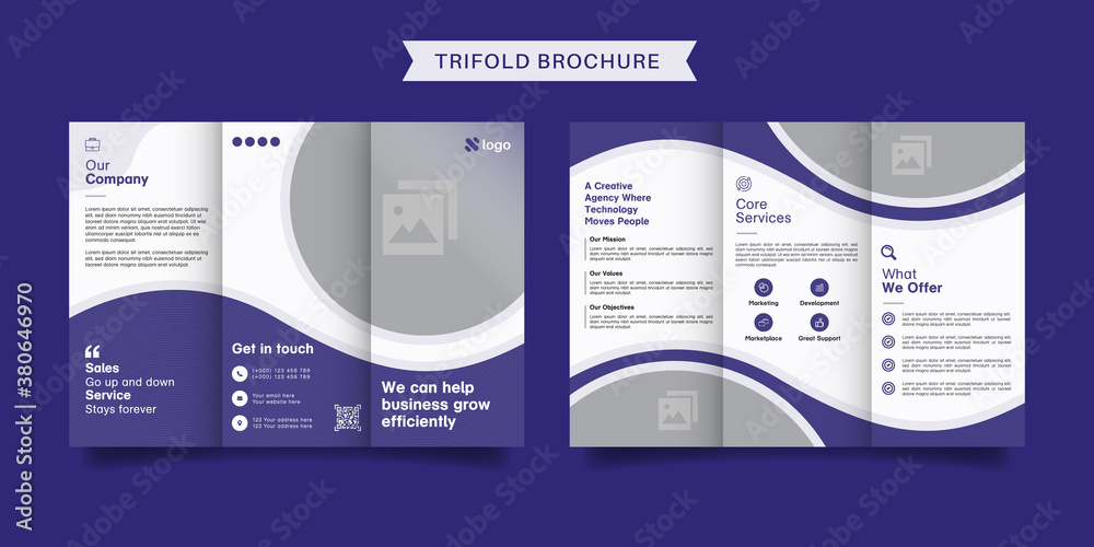 Corporate business trifold brochure template. Modern, Creative and Professional tri fold brochure vector design. Simple and minimalist promotion layout with blue  color.
