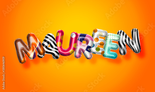 Maureen female name, colorful letter balloons background photo