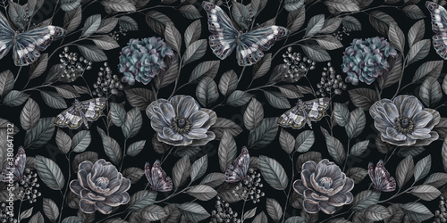 Floral seamless graphic pattern with vintage peonies, hydrangea, anemone, leaves and other flowers. Hand-drawn. Trendy glamorous design. Good for production wallpapers, cloth and fabric printing. 