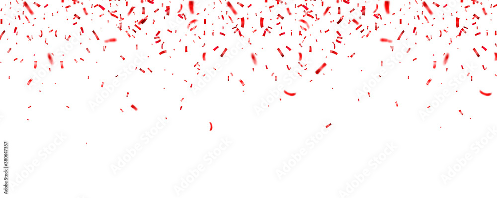 Christmas, Valentines day red confetti on white background. Falling shiny glitter. Festive party design elements.