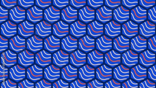 blue seamless pattern with waves and hexagons