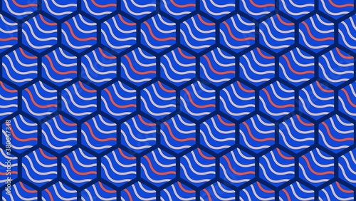 blue seamless pattern with waves and hexagons