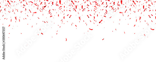 Christmas, Valentines day red confetti on white background. Falling shiny glitter. Festive party design elements.