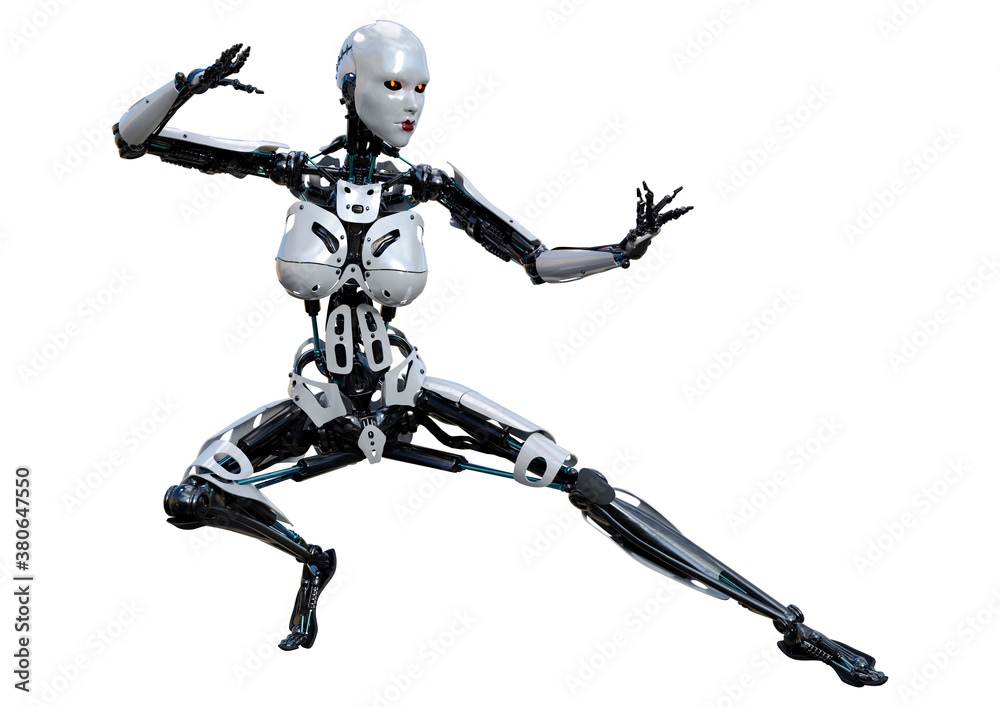 3D Rendering Female Robot on White