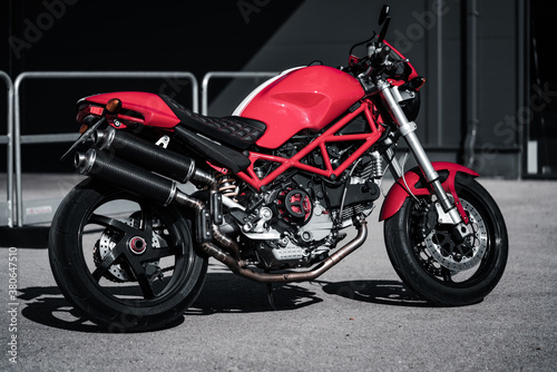 Fast red Italian Motorcycle parked