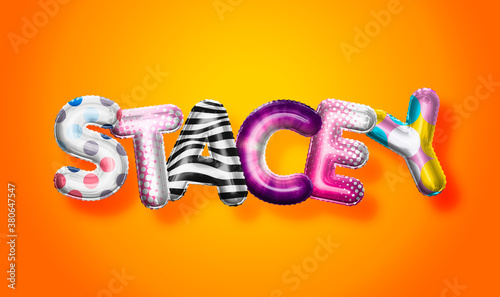 Stacey female name, colorful letter balloons background photo