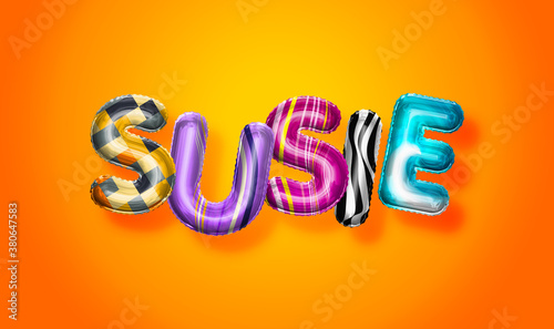 Susie female name, colorful letter balloons background photo