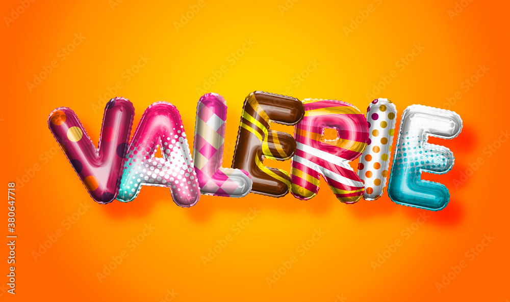 Valerie female name, colorful letter balloons background Valerie female name, colorful letter balloons background
