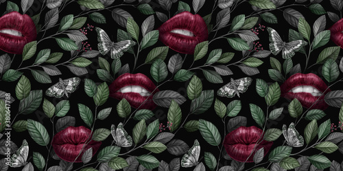 Abstract seamless graphic pattern with lips  butteflies  leaves and vintage flowers. Hand-drawn illustration. Glamorous design. Good for production wallpapers  cloth and fabric printing. 