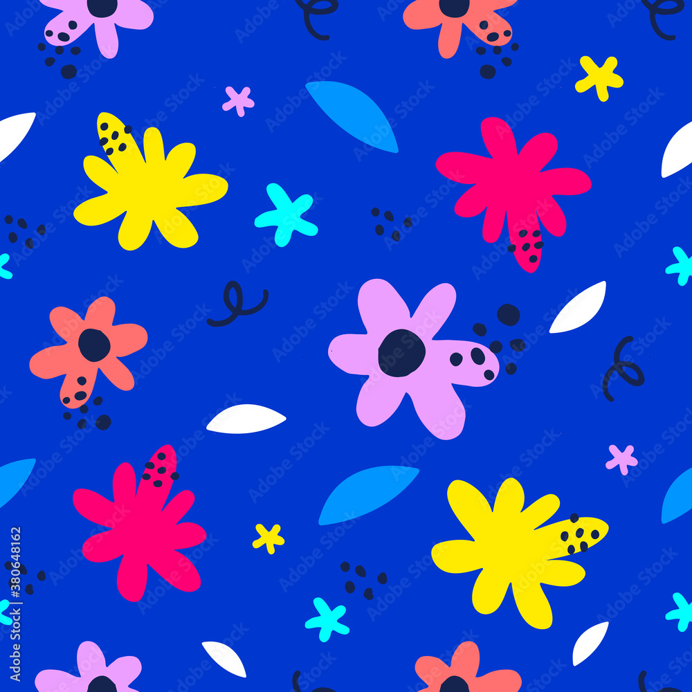 Vector seamless pattern with beautiful chamomile flower and leaves on blue color background.