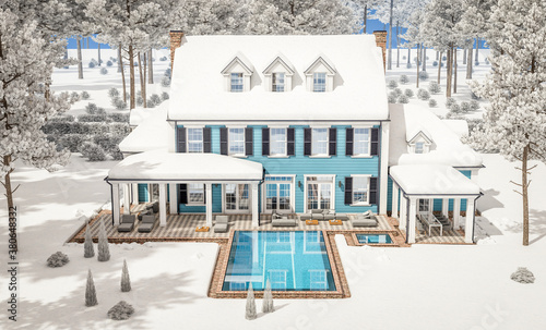3d rendering of modern cozy classic house in colonial style with garage and pool for sale or rent with beautiful landscaping on background. Cool winter day with shiny white snow.