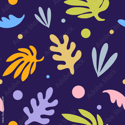 Vector floral seamless pattern with beautiful color leaves on dark background.