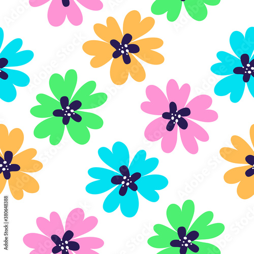 Vector bright beautiful seamless pattern with simple daisy colorful flower on white background.