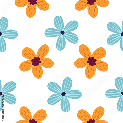Vector beautiful seamless pattern with simple color chamomile flower on white background.