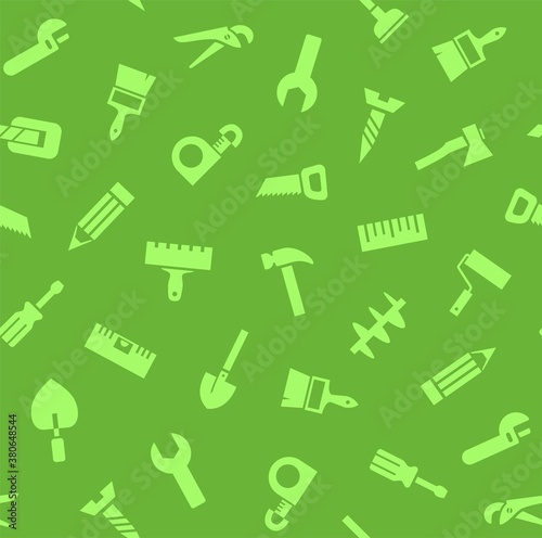 Hand tools, construction, seamless pattern, color, green. Green icons on a green field. Colored flat background. Vector. 