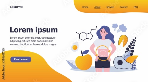 Metabolism of human organism flat vector illustration. Cartoon young woman eating diet food for energy. Digestion, metabolic system and hormones concept